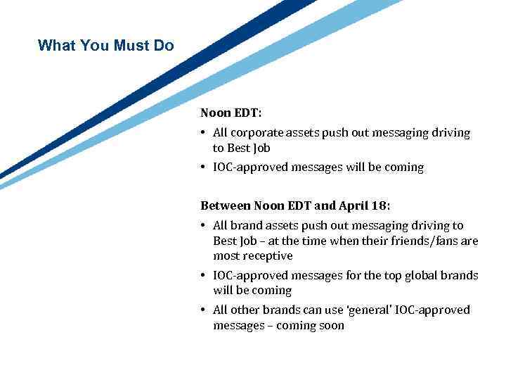 What You Must Do Noon EDT: • All corporate assets push out messaging driving