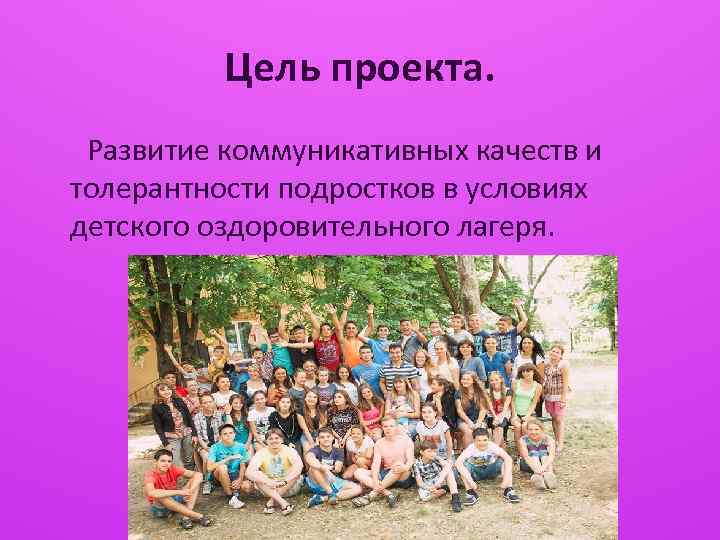 Цель проекта. Развитие коммуникативных качеств и толерантности подростков в условиях детского оздоровительного лагеря. 