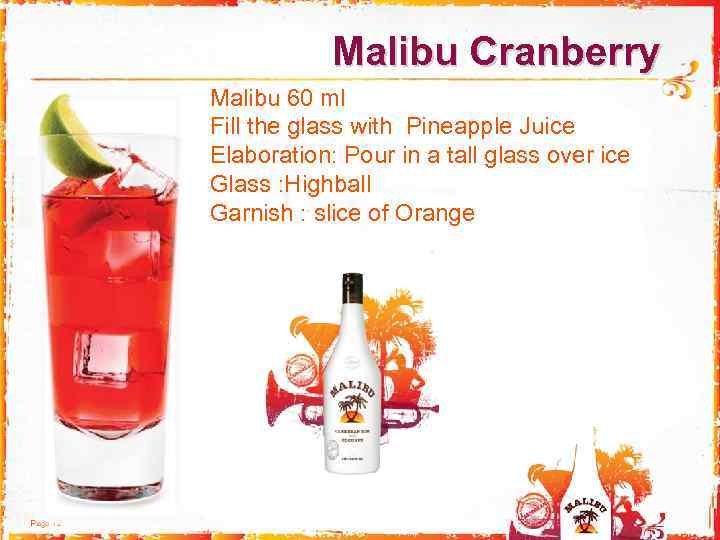  Malibu Cranberry Malibu 60 ml Fill the glass with Pineapple Juice Elaboration: Pour