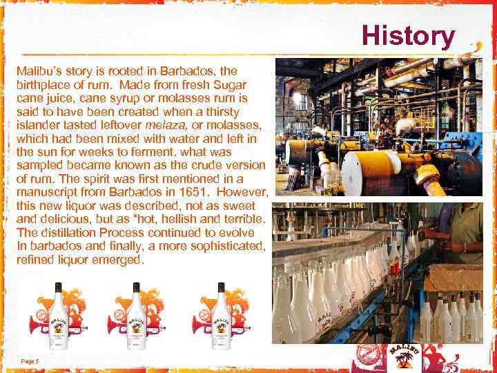  History Malibu’s story is rooted in Barbados, the birthplace of rum. Made from