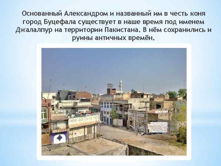 Основанный Александром и названный им в честь коня город Буцефала существует в наше время