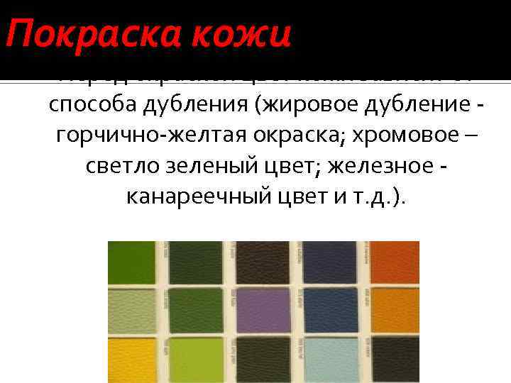 Покраска кожи Перед окраской цвет кожи зависит от способа дубления (жировое дубление горчично-желтая окраска;