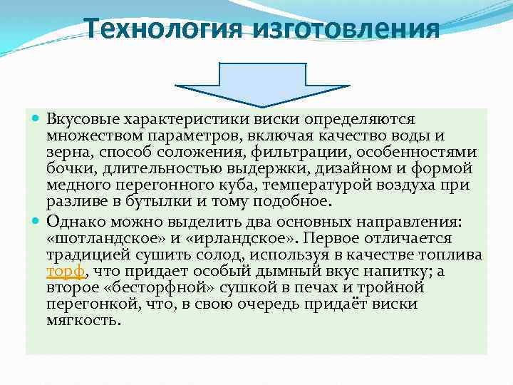 Технология изготовления Вкусовые характеристики виски определяются множеством параметров, включая качество воды и зерна, способ