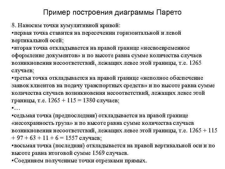 Пример построения диаграммы Парето 8. Наносим точки кумулятивной кривой: • первая точка ставится на