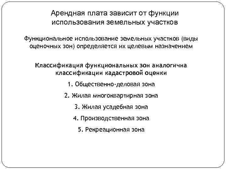 Арендная плата зависит от функции использования земельных участков Функциональное использование земельных участков (виды оценочных