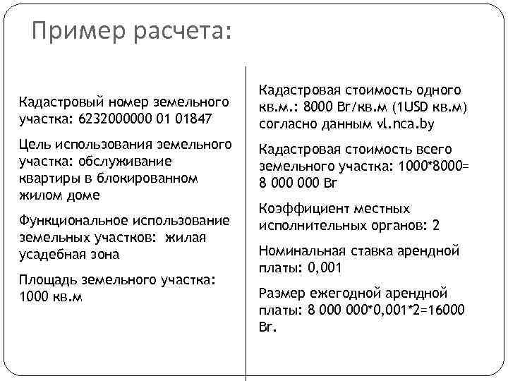 Пример расчета: Кадастровый номер земельного участка: 6232000000 01 01847 Кадастровая стоимость одного кв. м.