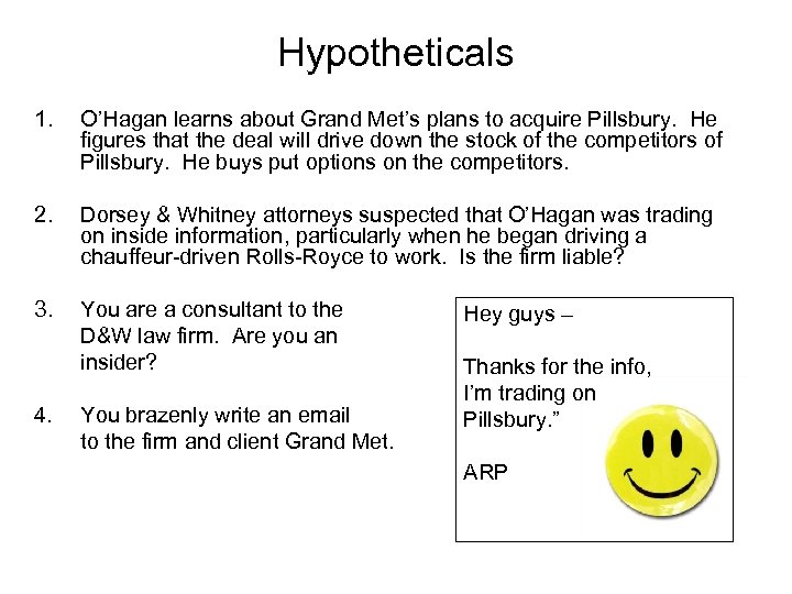 Hypotheticals 1. O’Hagan learns about Grand Met’s plans to acquire Pillsbury. He figures that