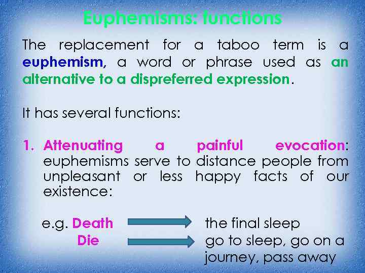 Euphemisms: functions The replacement for a taboo term is a euphemism, a word or