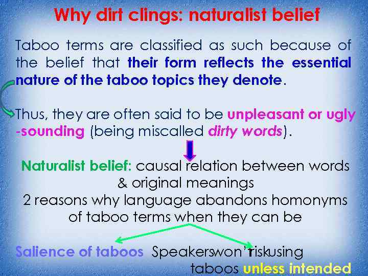 Why dirt clings: naturalist belief Taboo terms are classified as such because of the