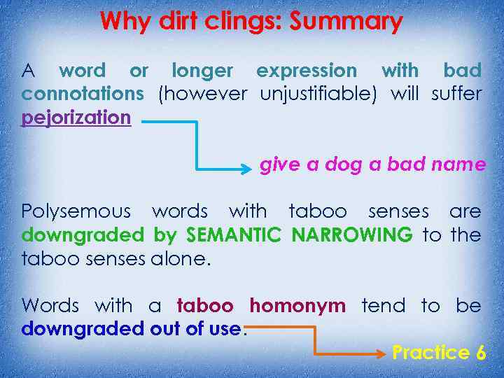 Why dirt clings: Summary A word or longer expression with bad connotations (however unjustifiable)