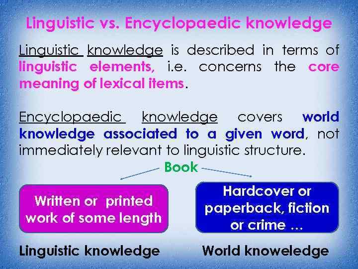 Linguistic vs. Encyclopaedic knowledge Linguistic knowledge is described in terms of linguistic elements, i.