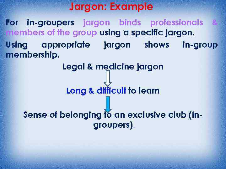 Jargon: Example For in-groupers jargon binds professionals & members of the group using a