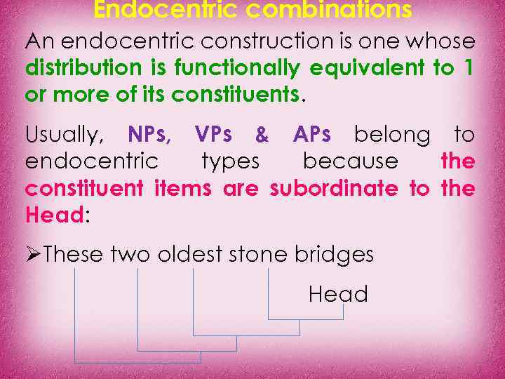 Endocentric combinations An endocentric construction is one whose distribution is functionally equivalent to 1