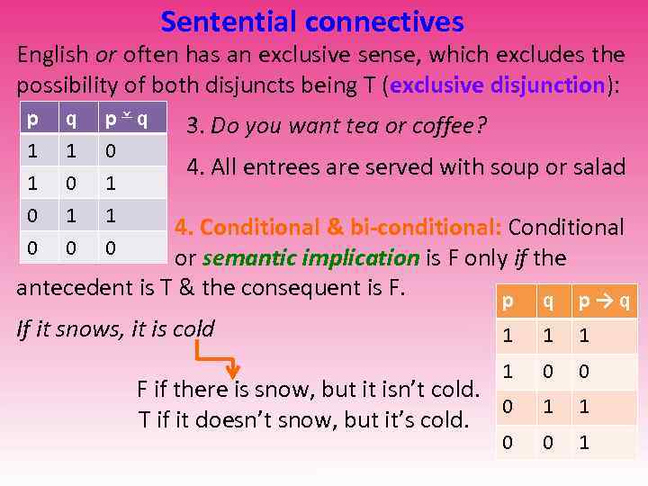 Sentential connectives English or often has an exclusive sense, which excludes the possibility of