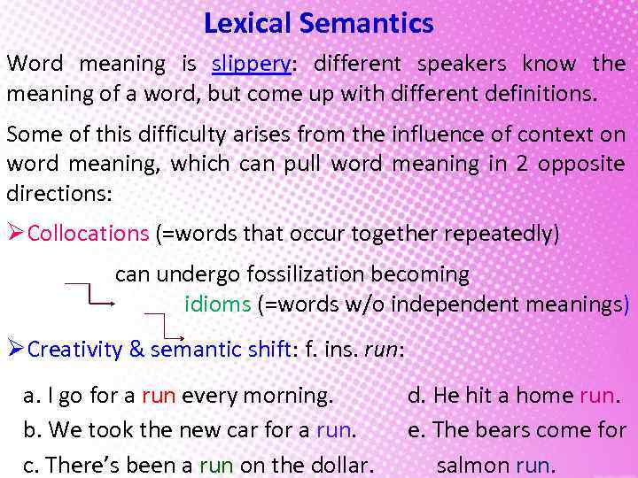 Lexical Semantics Word meaning is slippery: different speakers know the meaning of a word,