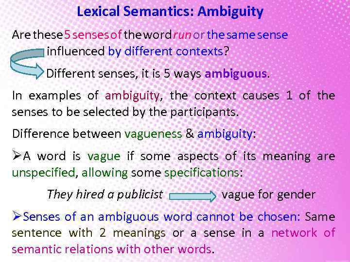 Lexical Semantics: Ambiguity Are these 5 senses of the word run or the same