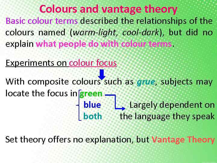 Colours and vantage theory Basic colour terms described the relationships of the colours named