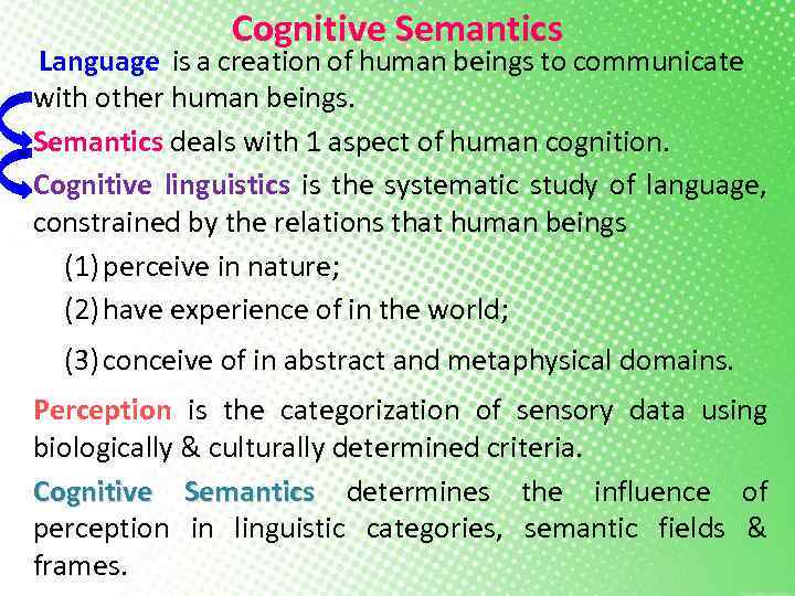 Cognitive Semantics Language is a creation of human beings to communicate with other human