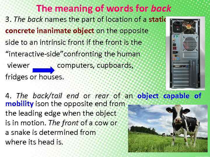 The meaning of words for back 3. The back names the part of location