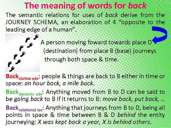 The meaning of words for back The semantic relations for uses of back derive