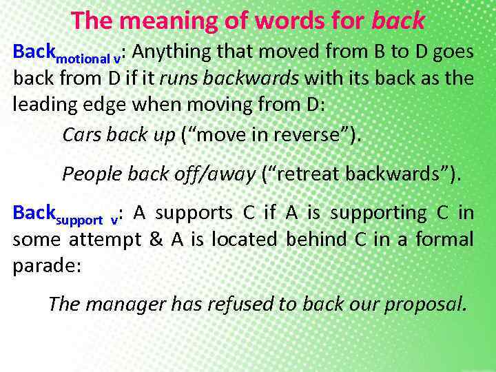 The meaning of words for back Backmotional v: Anything that moved from B to