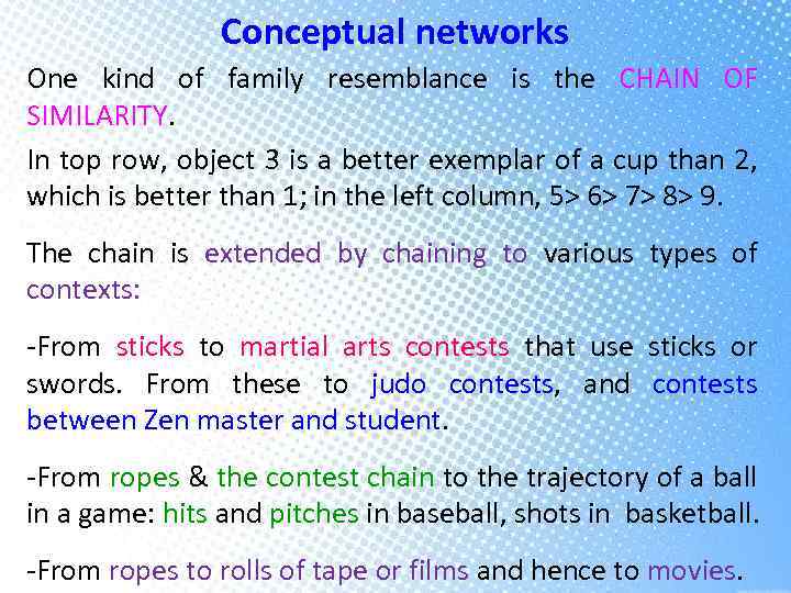 Conceptual networks One kind of family resemblance is the CHAIN OF SIMILARITY. In top