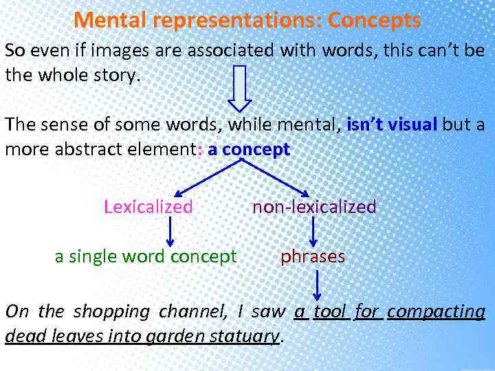 Mental representations: Concepts So even if images are associated with words, this can’t be