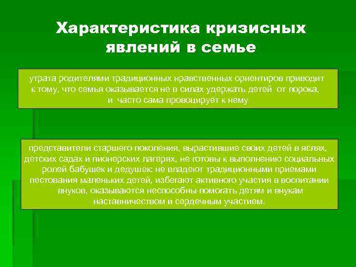Характеристика кризисных явлений в семье утрата родителями традиционных нравственных ориентиров приводит к тому, что