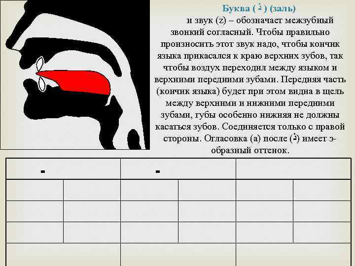 Буква ( ( ) ﺫ заль) и звук (z) – обозначает межзубный звонкий согласный.