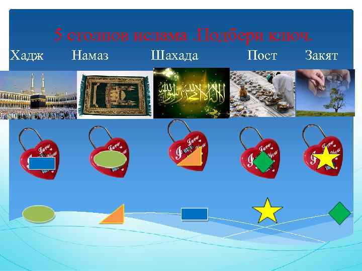 5 столпов ислама. Подбери ключ. Хадж Намаз Шахада Пост Закят 