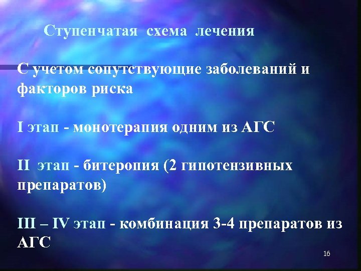 Ступенчатая схема лечения С учетом сопутствующие заболеваний и факторов риска I этап - монотерапия