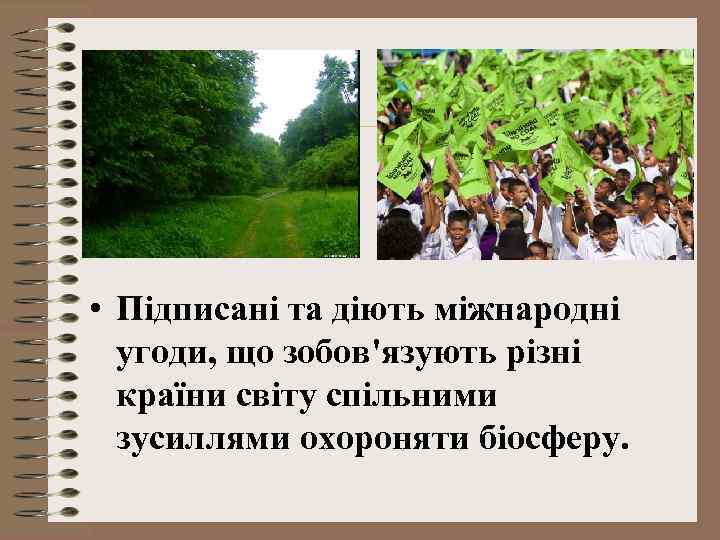  • Підписані та діють міжнародні угоди, що зобов'язують різні країни світу спільними зусиллями