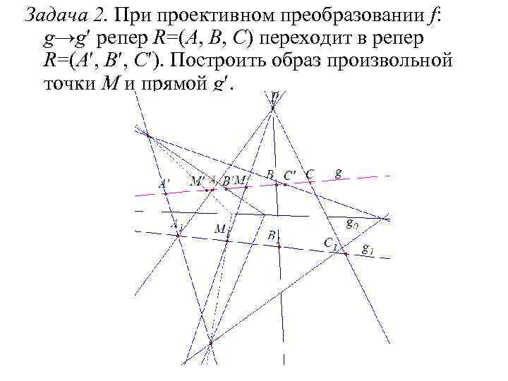 Задача 2. При проективном преобразовании f: g→g репер R=(A, B, C) переходит в репер