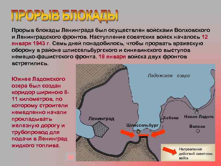 Прорыв блокады Ленинграда был осуществлен войсками Волховского и Ленинградского фронтов. Наступление советских войск началось