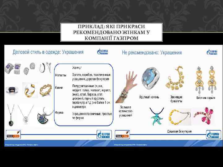 ПРИКЛАД: ЯКІ ПРИКРАСИ РЕКОМЕНДОВАНО ЖІНКАМ У КОМПАНІЇ ГАЗПРОМ 
