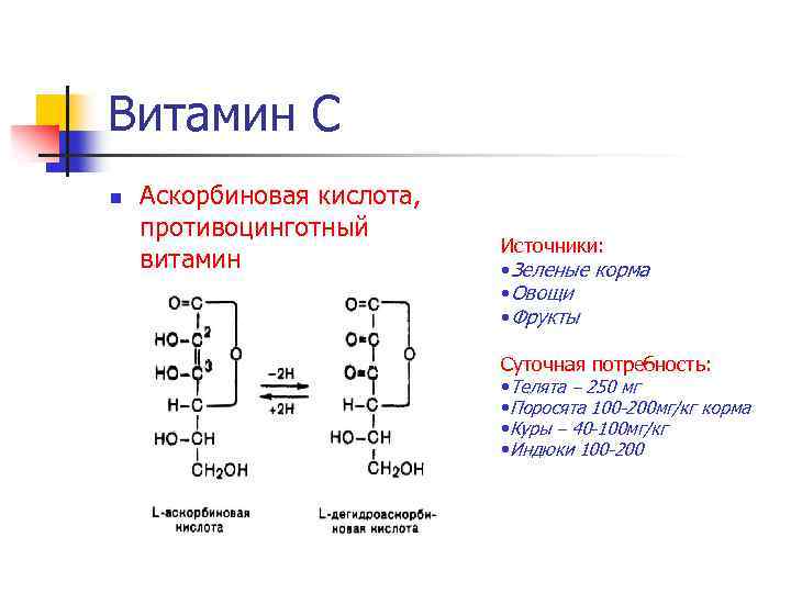 Витамин С n Аскорбиновая кислота, противоцинготный витамин Источники: • Зеленые корма • Овощи •