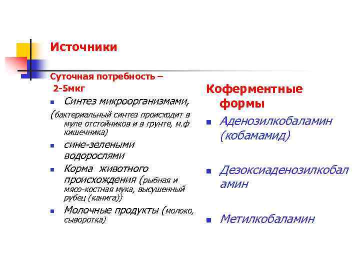 Источники Суточная потребность – 2 -5 мкг n Синтез микроорганизмами, (бактериальный синтез происходит в