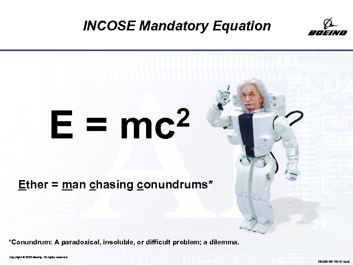 INCOSE Mandatory Equation E= 2 mc Ether = man chasing conundrums* *Conundrum: A paradoxical,