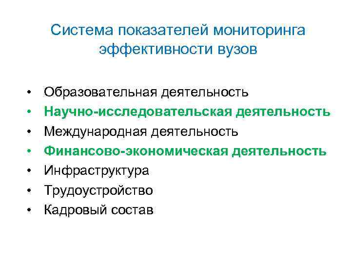 Система показателей мониторинга эффективности вузов • • Образовательная деятельность Научно-исследовательская деятельность Международная деятельность Финансово-экономическая