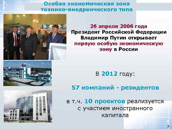 Особая экономическая зона технико-внедренческого типа 26 апреля 2006 года Президент Российской Федерации Владимир Путин