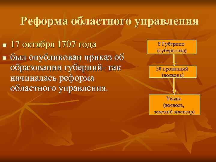 Реформа областного управления n n 17 октября 1707 года был опубликован приказ об образовании