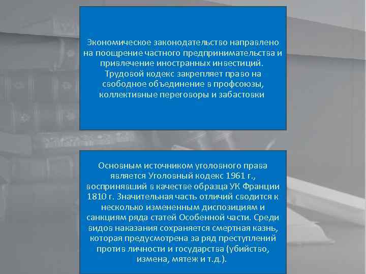 Экономическое законодательство направлено на поощрение частного предпринимательства и привлечение иностранных инвестиций. Трудовой кодекс закрепляет