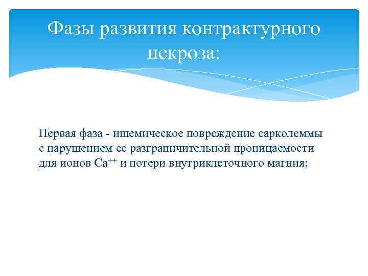 Фазы развития контрактурного некроза: Первая фаза - ишемическое повреждение сарколеммы с нарушением ее разграничительной