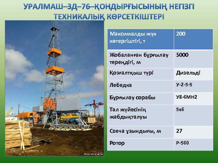 Максималды жүк көтергіштігі, т 200 Жобаланған бұрғылау тереңдігі, м 5000 Қозғалтқыш түрі Дизельді Лебедка