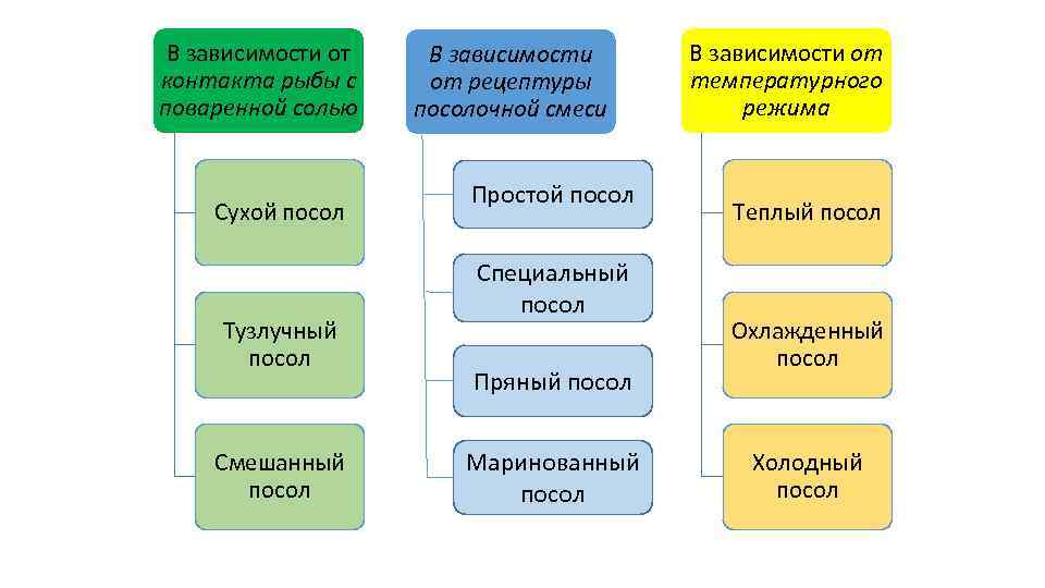 В зависимости от контакта рыбы с поваренной солью Сухой посол Тузлучный посол Смешанный посол