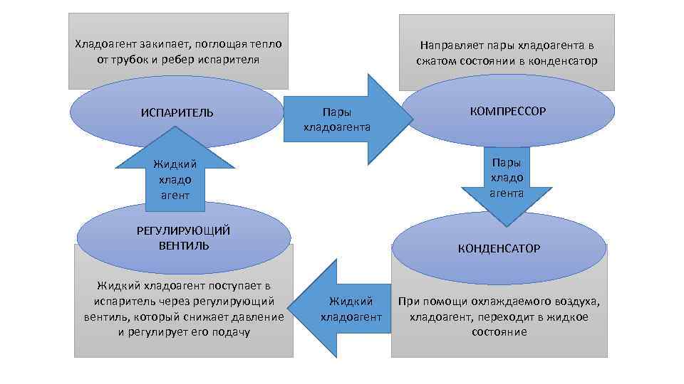 Хладоагент закипает, поглощая тепло от трубок и ребер испарителя ИСПАРИТЕЛЬ Направляет пары хладоагента в