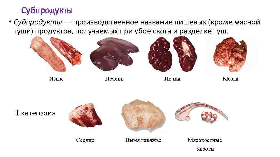 Субпродукты • Субпродукты — производственное название пищевых (кроме мясной туши) продуктов, получаемых при убое