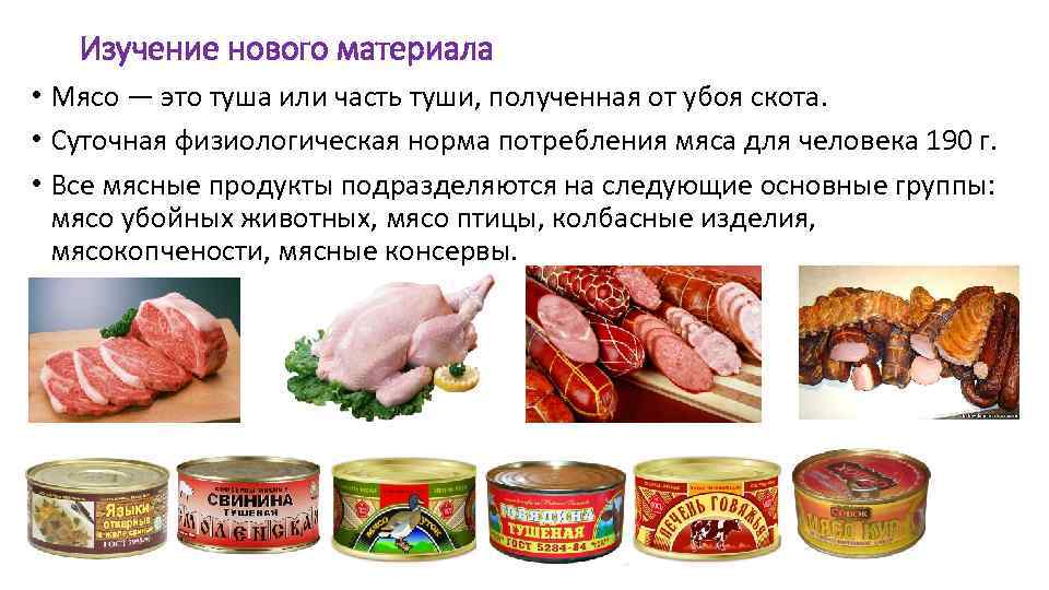 Изучение нового материала • Мясо — это туша или часть туши, полученная от убоя