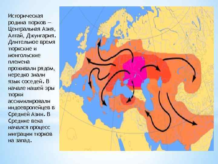 Историческая родина тюрков — Центральная Азия, Алтай, Джунгария. Длительное время тюркские и монгольские племена