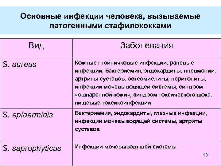 Основные инфекции человека, вызываемые патогенными стафилококками Вид Заболевания S. aureus Кожные гнойничковые инфекции, раневые